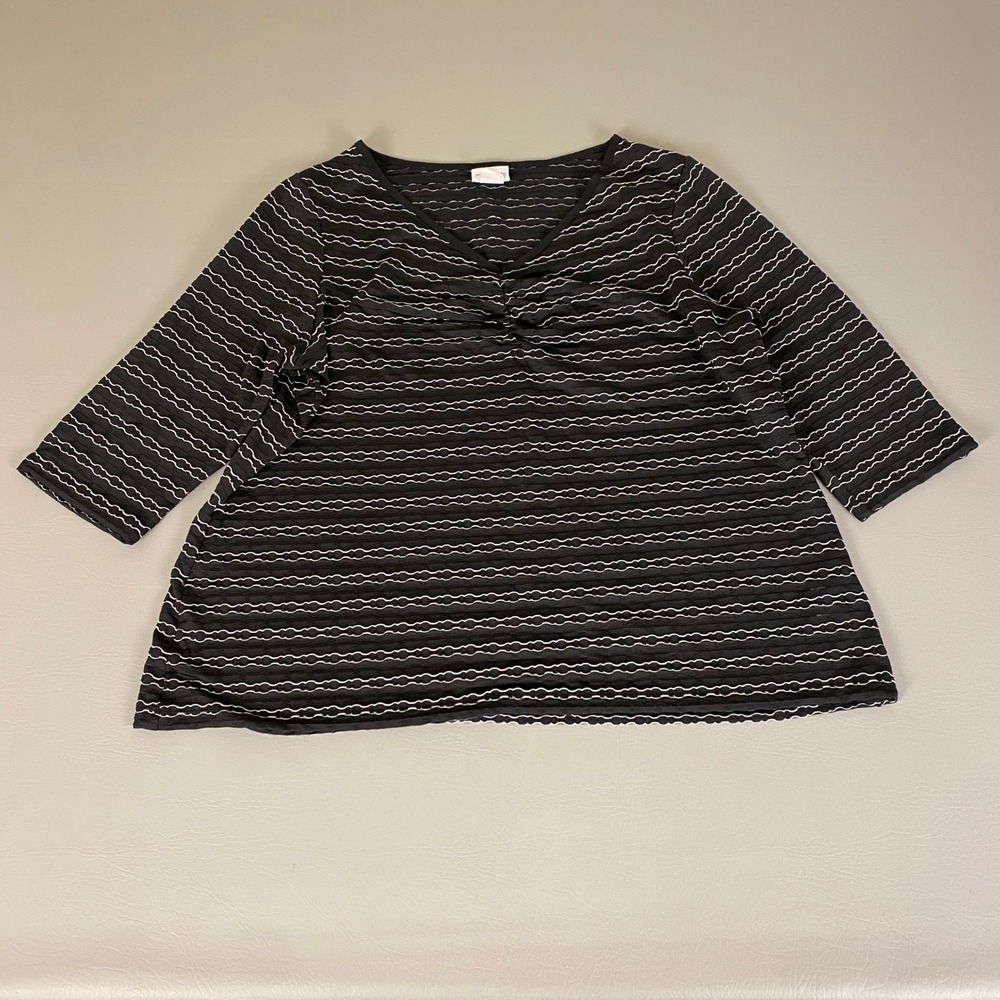 Jaclyn Smith Blouse Top Women's Plus 1X Black White Striped 3/4 Sleeve V Neck